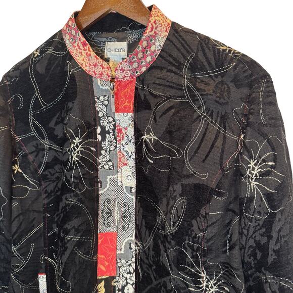 Chico’s Women’s 2 (L) Floral Patchwork Embroidered Jacket Silk Linen Blend READ - Picture 1 of 16